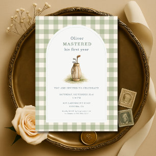 Mastered 1st Year Sage Green Gingham Birthday Invitation