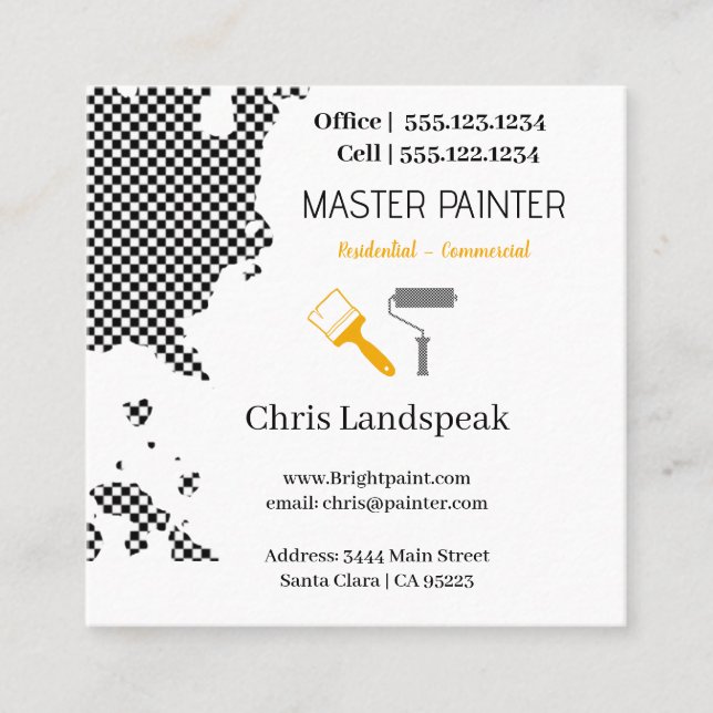 Masterpainter & Black & White Checkerboard pattern Square Business Card (Front)