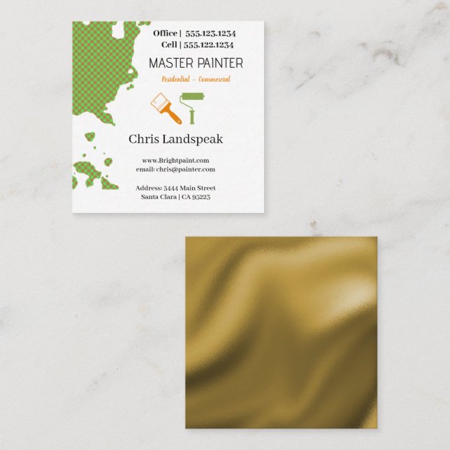 Masterpainter & Gold Green Checkerboard pattern Square Business Card (Front/Back)
