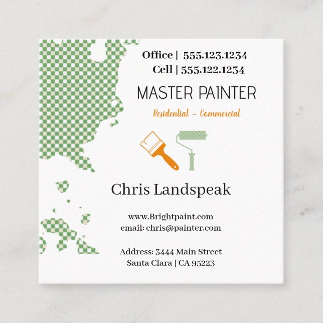 Masterpainter & Green Orange Checkerboard pattern Square Business Card (Front)