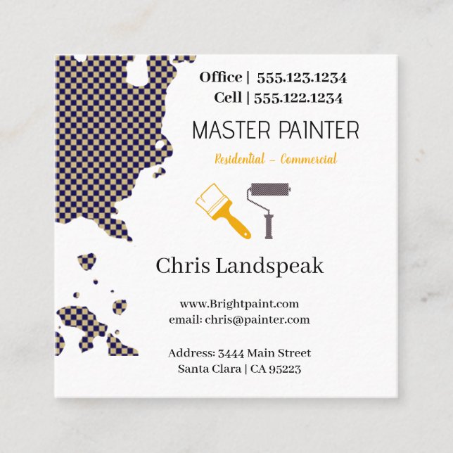 Masterpainter & Navy Blue Checkerboard pattern Square Business Card (Front)