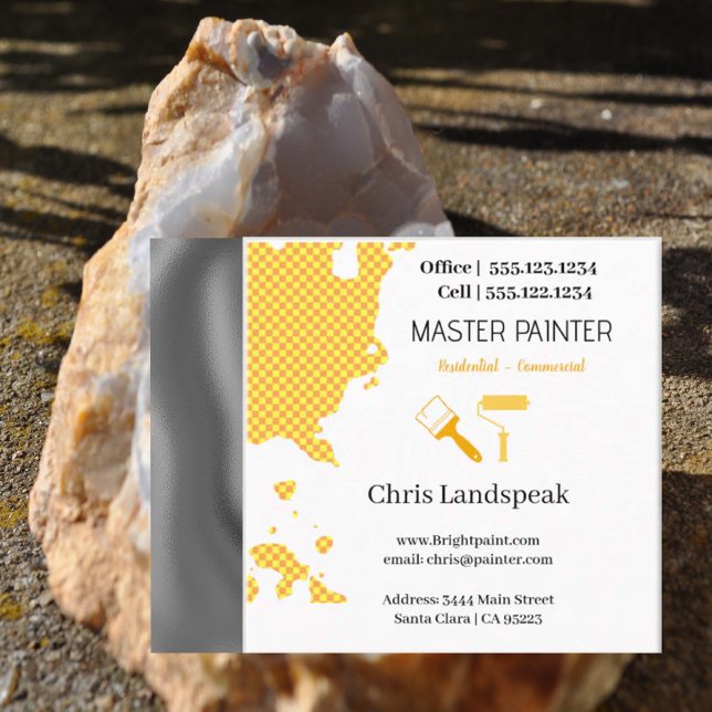 Masterpainter & Orange Yellow Checkerboard pattern Square Business Card (Master Painter Business card)