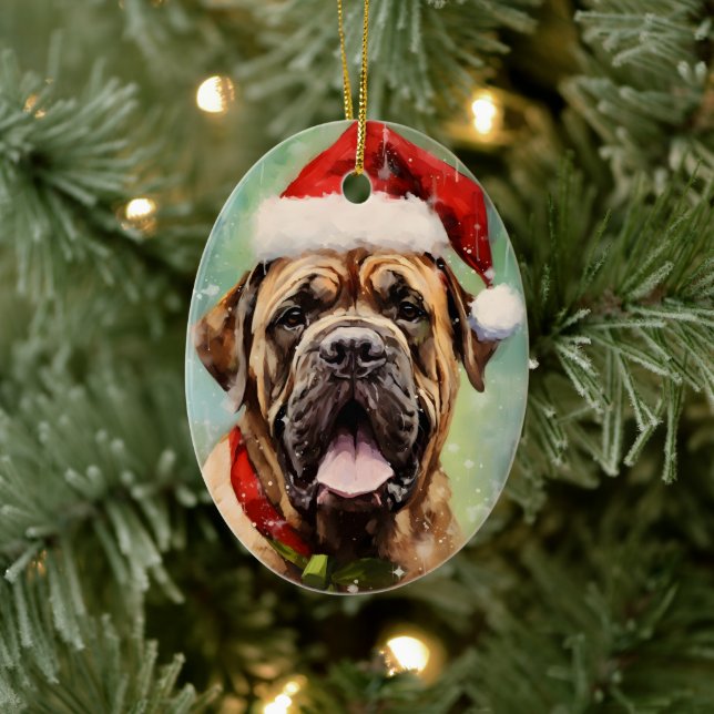 Mastiff Christmas brush painting artwork Ceramic Ornament (Tree)