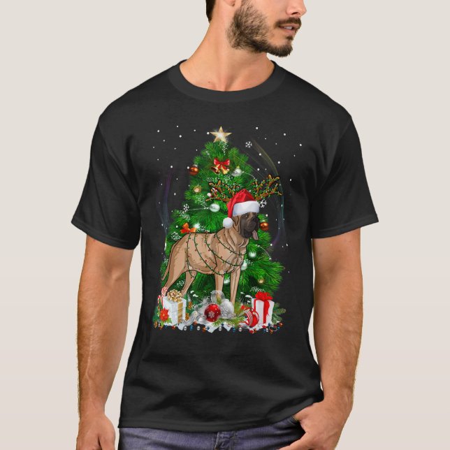 Mastiff Christmas Tree Light Pajama Dog Xmas T-Shirt (Front)