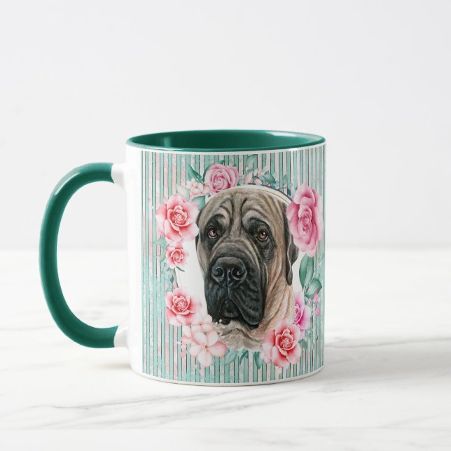 Mastiff dog face watercolor illustration stripes mug (Left)