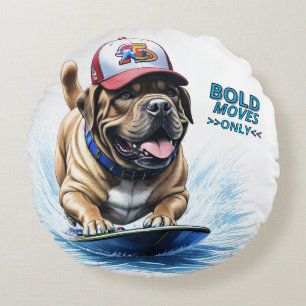 Mastiff English Bulldog on Surfboard Vacation Round Pillow