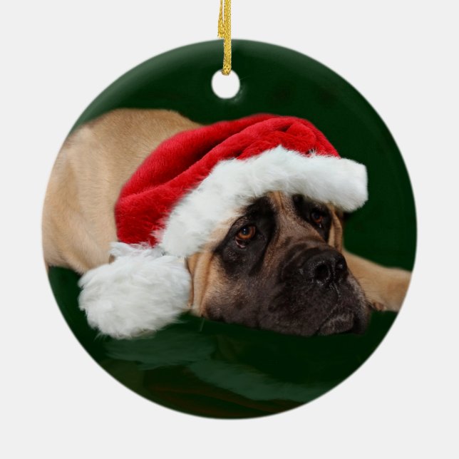 Mastiff in a Santa hat Ceramic Ornament (Back)