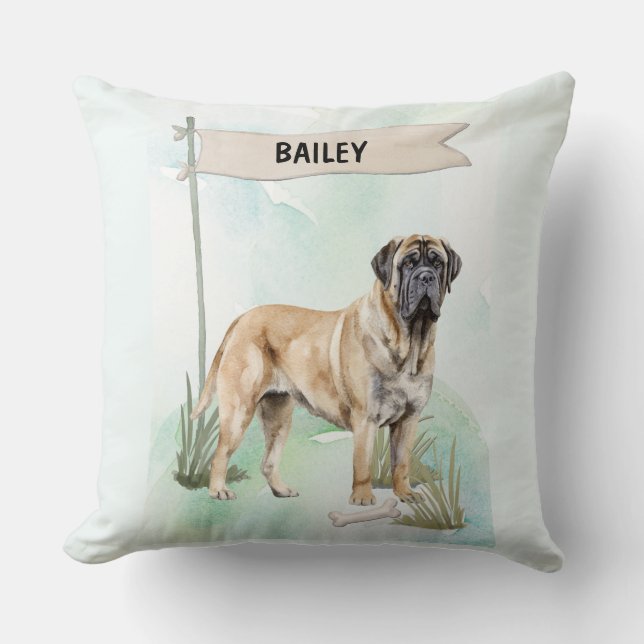 Mastiff Watercolor Personalized Dog Throw Pillow (Front)