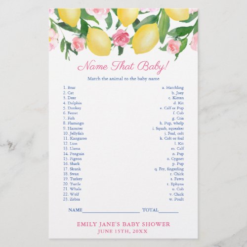 Match Baby Animal With Mom Lemons Shower Game Card Flyer