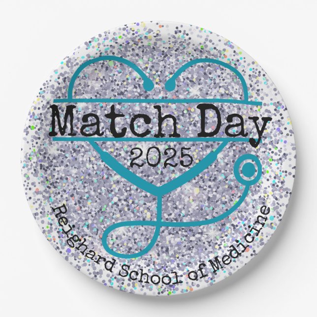 Match Day Blue 2025 Glitter Stethoscope Paper Plates (Front)