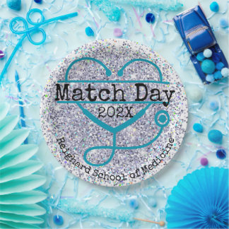 Match Day Blue Custom Year Glitter Stethoscope Paper Plates