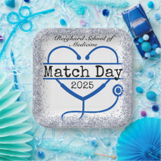 Match Day Blue Glitter Stethoscope Paper Plates