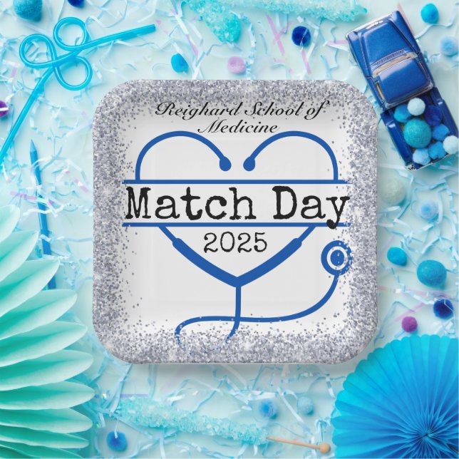 Match Day Blue Glitter Stethoscope Paper Plates (Party)