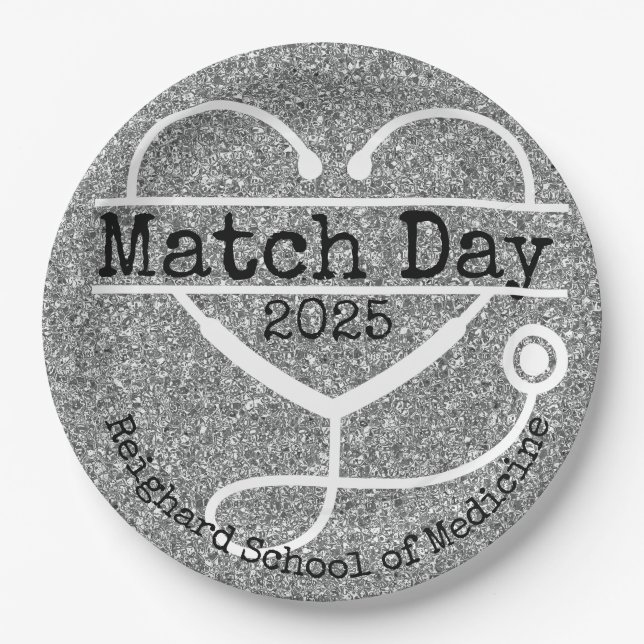 Match Day Silver 2025 Glitter Stethoscope Paper Plates (Front)