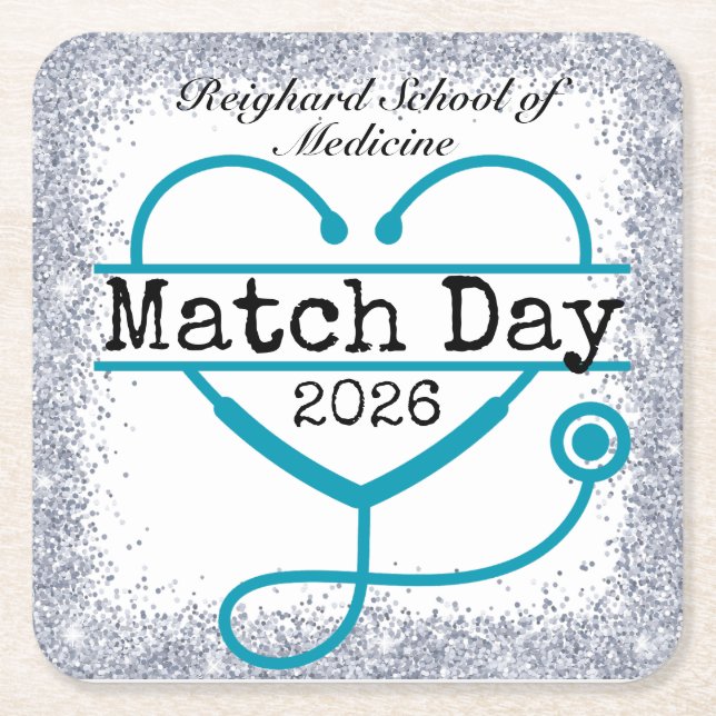 Match Day Turquoise Blue 2026 Glitter Stethoscope  Square Paper Coaster (Front)