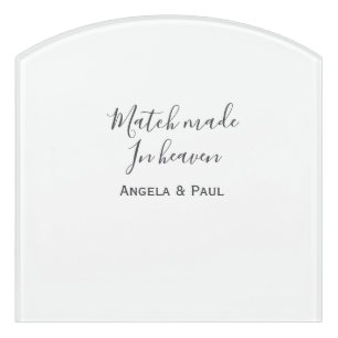 Match made in heaven name couple wedding simple door sign