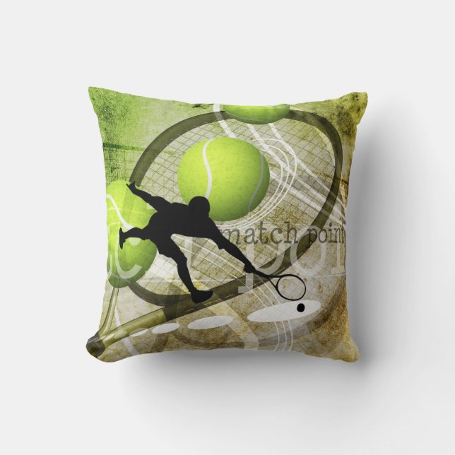 "Match Point" boys' tennis player silhouette Throw Pillow (Front)
