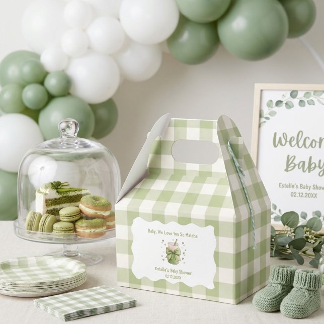 Matcha Baby shower Green Bow Gingham Favor Boxes (Creator Uploaded)