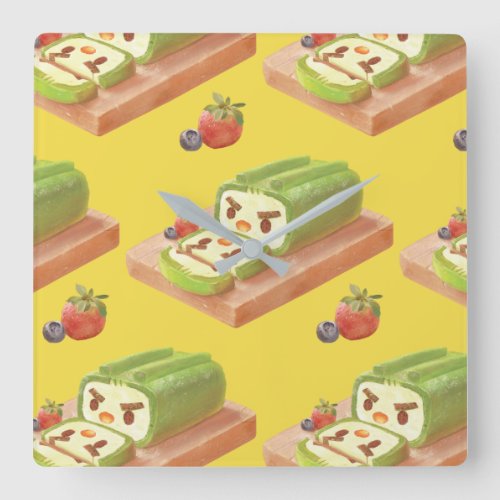 Matcha Cake Roll Illustration Square Wall Clock