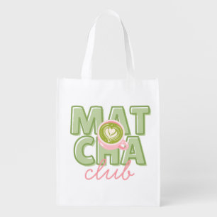 Matcha Club Green & Pink Aesthetic Cute Back Print Grocery Bag