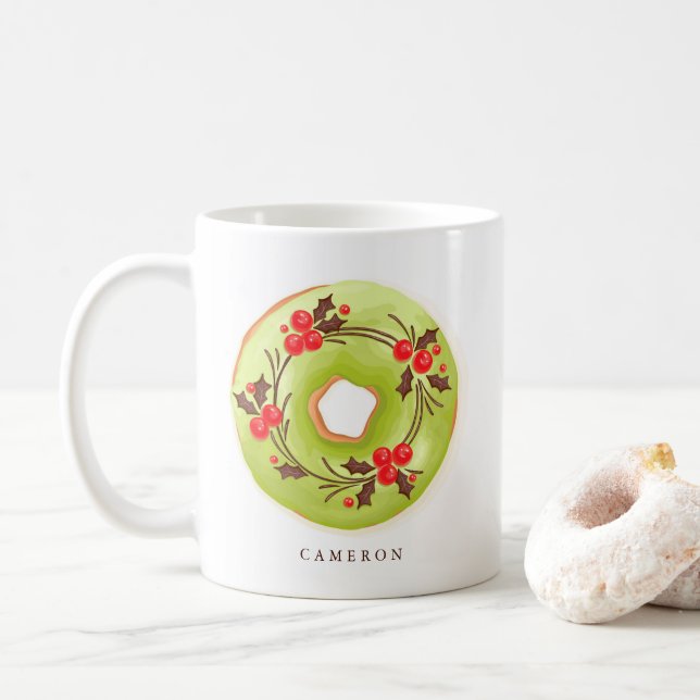 Matcha Holly Christmas Donuts Personalized Coffee Mug (With Donut)