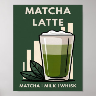 Matcha Latte Retro Dark Green Cafe Graphic Poster