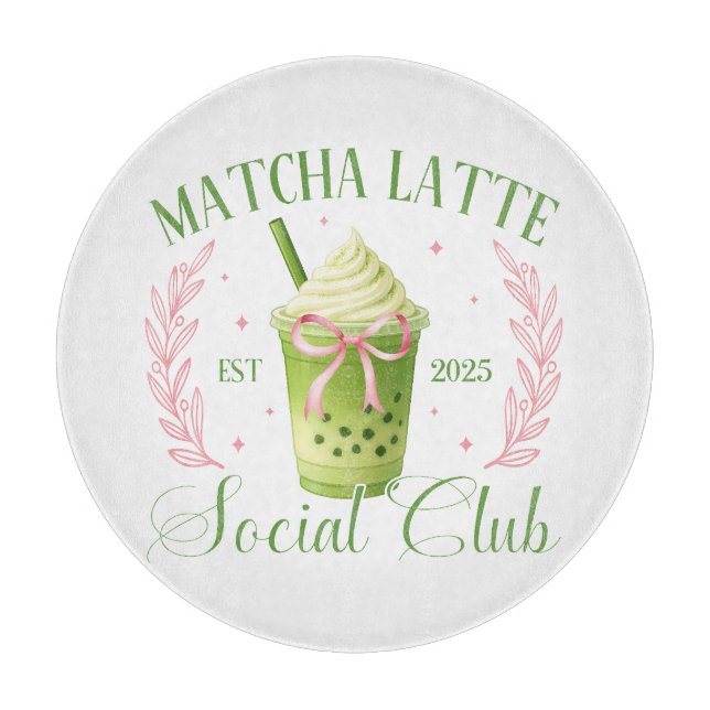 Matcha Latte Social Club Glass Round Cutting Board (Front)