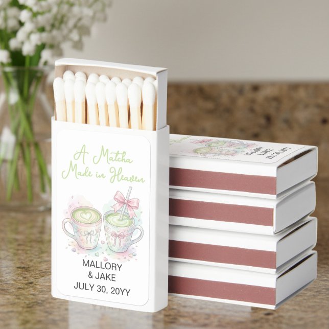 Matcha Made in Heaven Coquette Wedding Event Favor Matchboxes (Matcha made in Heaven wedding, anniversary, engagement or shower favors.)