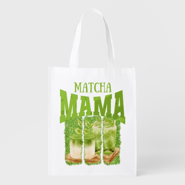 MATCHA MAMA Green Glitter Brush Stroke Grocery Bag (Front)