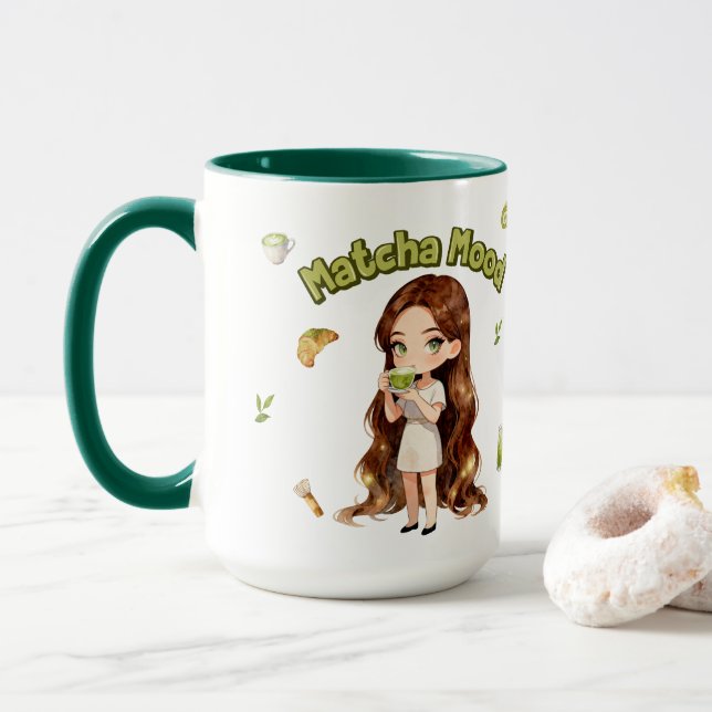 Matcha Mood Aesthetic Design Cute Green Tea Vibes Mug (With Donut)