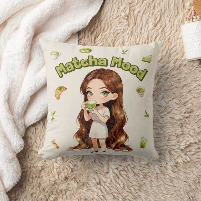 Matcha Mood Aesthetic Design Cute Green Tea Vibes Throw Pillow (Blanket)