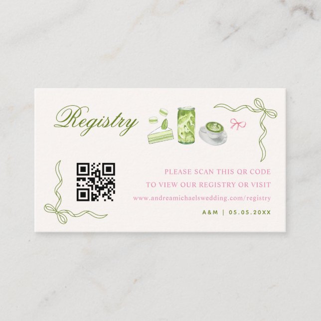 Matcha Pink & Green Qr Code Wedding Gift Registry Enclosure Card (Front)