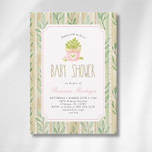 Matcha Plant Sage Striped Leaves Girl Baby Shower Invitation