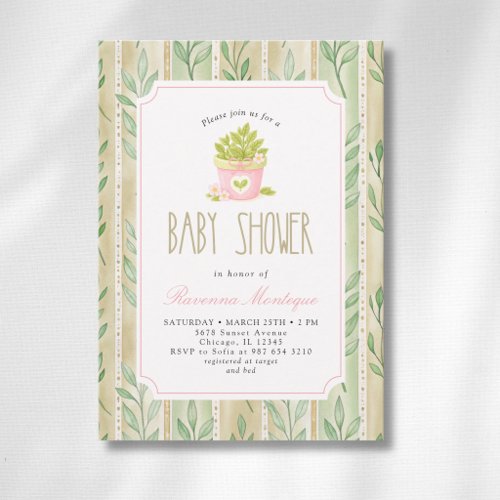 Matcha Plant Sage Striped Leaves Girl Baby Shower Invitation