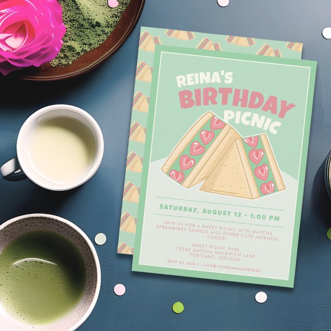 Matcha Strawberry Sandwich Birthday Picnic  Invitation (Creator Uploaded)