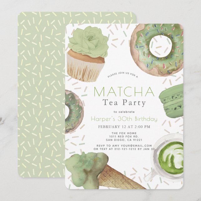 Matcha Sweets Green Tea Party Adult Birthday Invitation (Front/Back)
