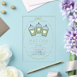 Matcha Tea Party Kawaii Bow Frame Girl Birthday Acrylic Invitations
