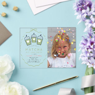 Matcha Tea Party Kawaii Bow Photo Girl Birthday Acrylic Invitations