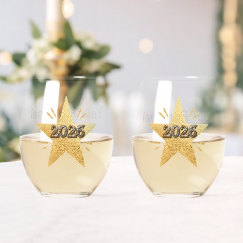 Matched Pair of New Year &quot;2026&quot;  Stemless Wine Glass