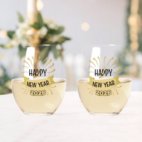 Matched Pair of New Year &quot;2026&quot;  Stemless Wine Glass