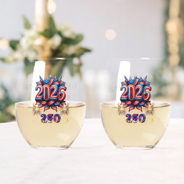 Matched Pair Patriotic New Year "2026"  Stemless Wine Glass (Insitu (Wedding))