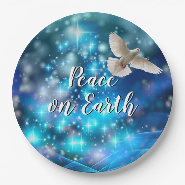 Matching Blue Dove Peace Christmas  9" Paper Plates (Front)