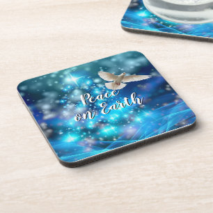Matching Blue Dove Peace Christmas hard cork back Beverage Coaster
