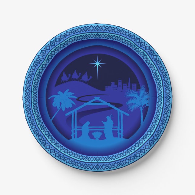 Matching Blue Nativity Christmas 7" Paper Plates (Front)