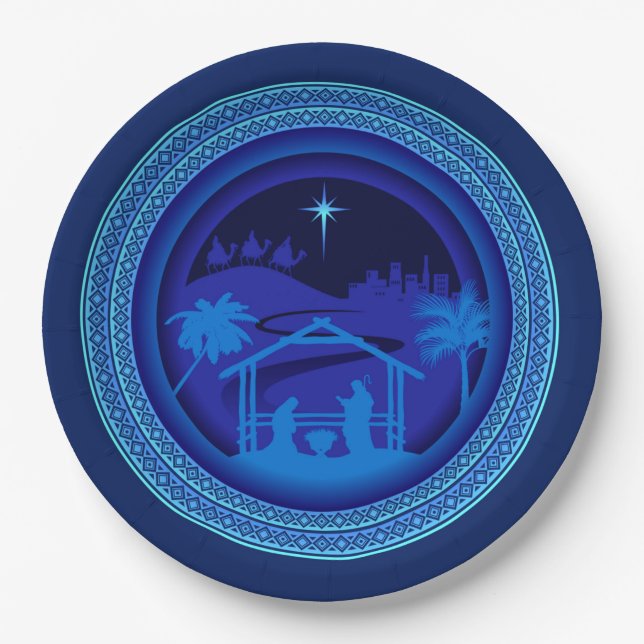Matching Blue Nativity Christmas 9" Paper Plates (Front)
