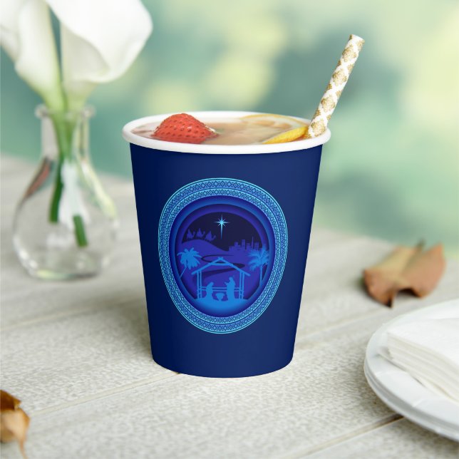 Matching Blue Nativity Christmas Paper Cups (Insitu)