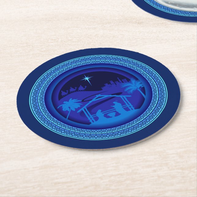 Matching Blue Nativity Christmas Round Paper Coaster (Angled)