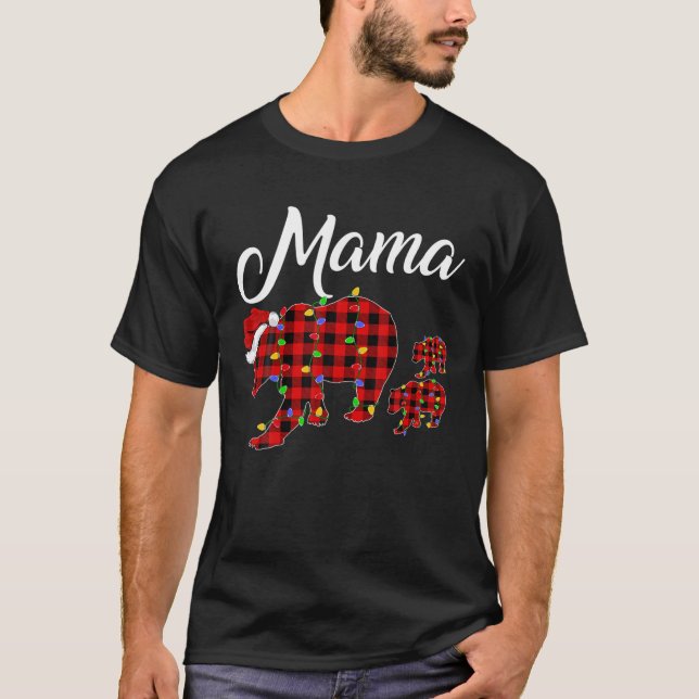 Matching Buffalo Plaid Mama Bear Two Cubs Christma T-Shirt (Front)