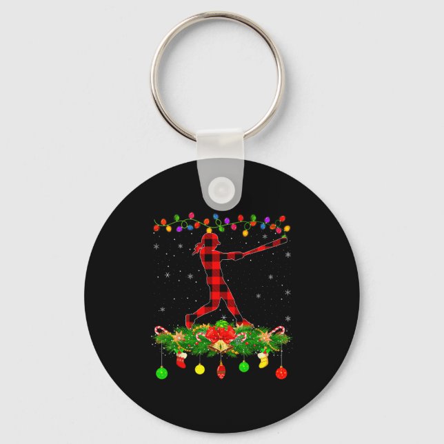 Matching Buffalo Plaid Softball Srts Christmas Paj Keychain (Front)