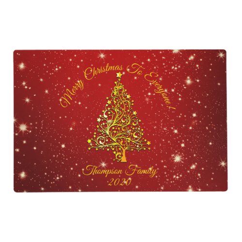 Matching Christmas Red Gold Tree Name Laminated Placemat